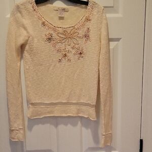 Free People Cream Embroidered Scoop Neck Sweater